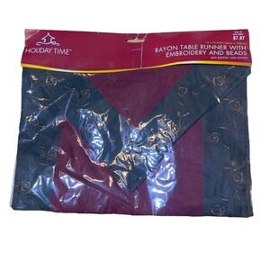 Vintage Holiday Time‎ Rayon Table Christmas Runner w/ Embroidery & Beads 72"x14"